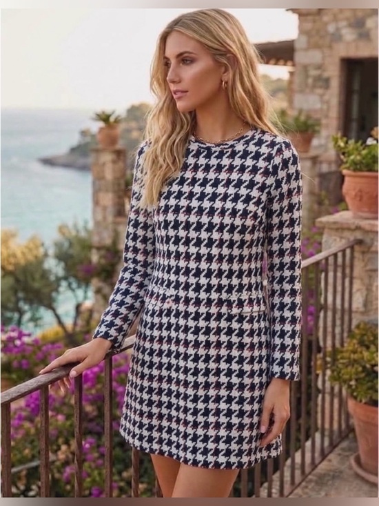 Boden Dresses & Skirts - Boden Houndstooth Sheath Dress Size 4 Navy Ivory Red Hidden Zip Lined